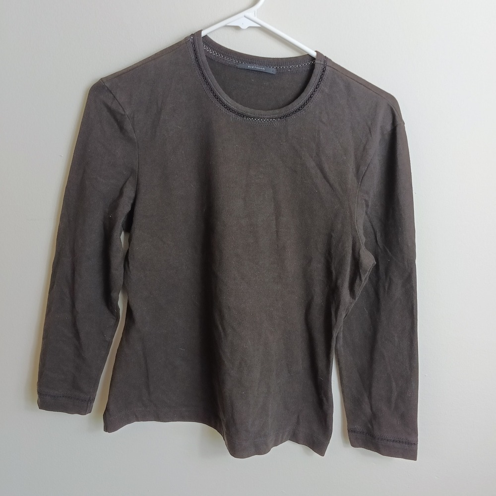 Elie Tahari Top Womens M Brown Excellent Cotton Spandex Crochet Trim Long Sleeve